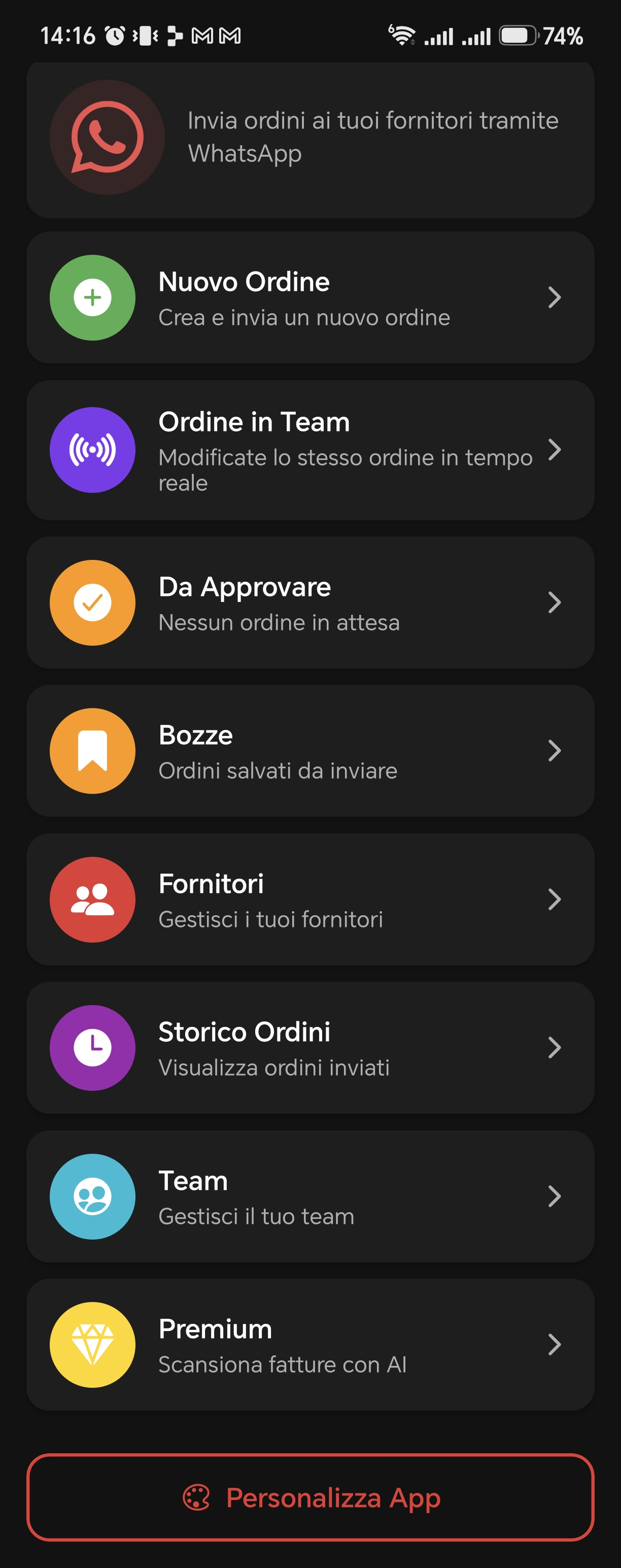 Schermata principale di Ordinario con le voci Nuovo Ordine, Ordine in Team, Da Approvare, Bozze, Fornitori, Storico Ordini, Team e Premium