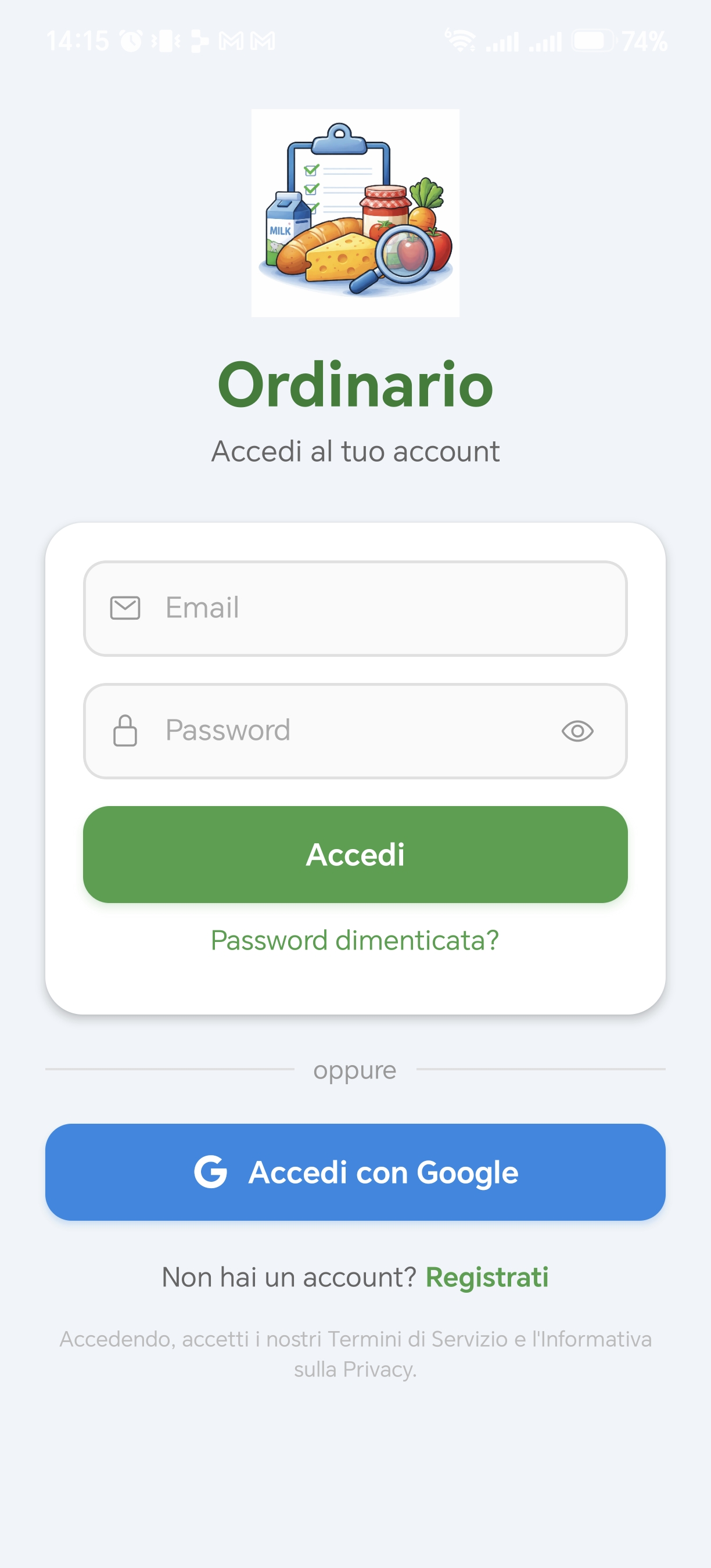 Schermata di accesso dell’app Ordinario con login via email o Google