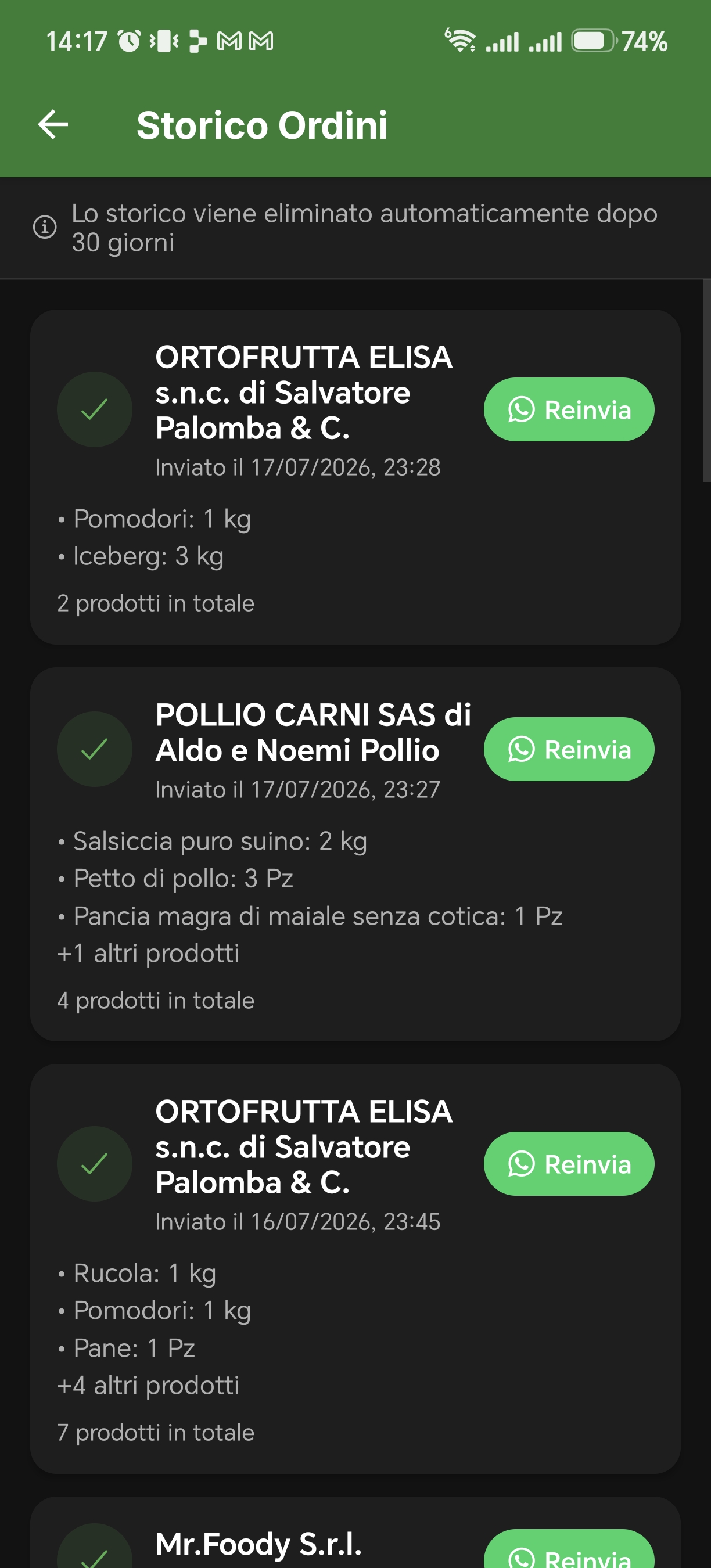 Schermata Storico Ordini di Ordinario con gli ordini inviati ai fornitori e il pulsante Reinvia via WhatsApp