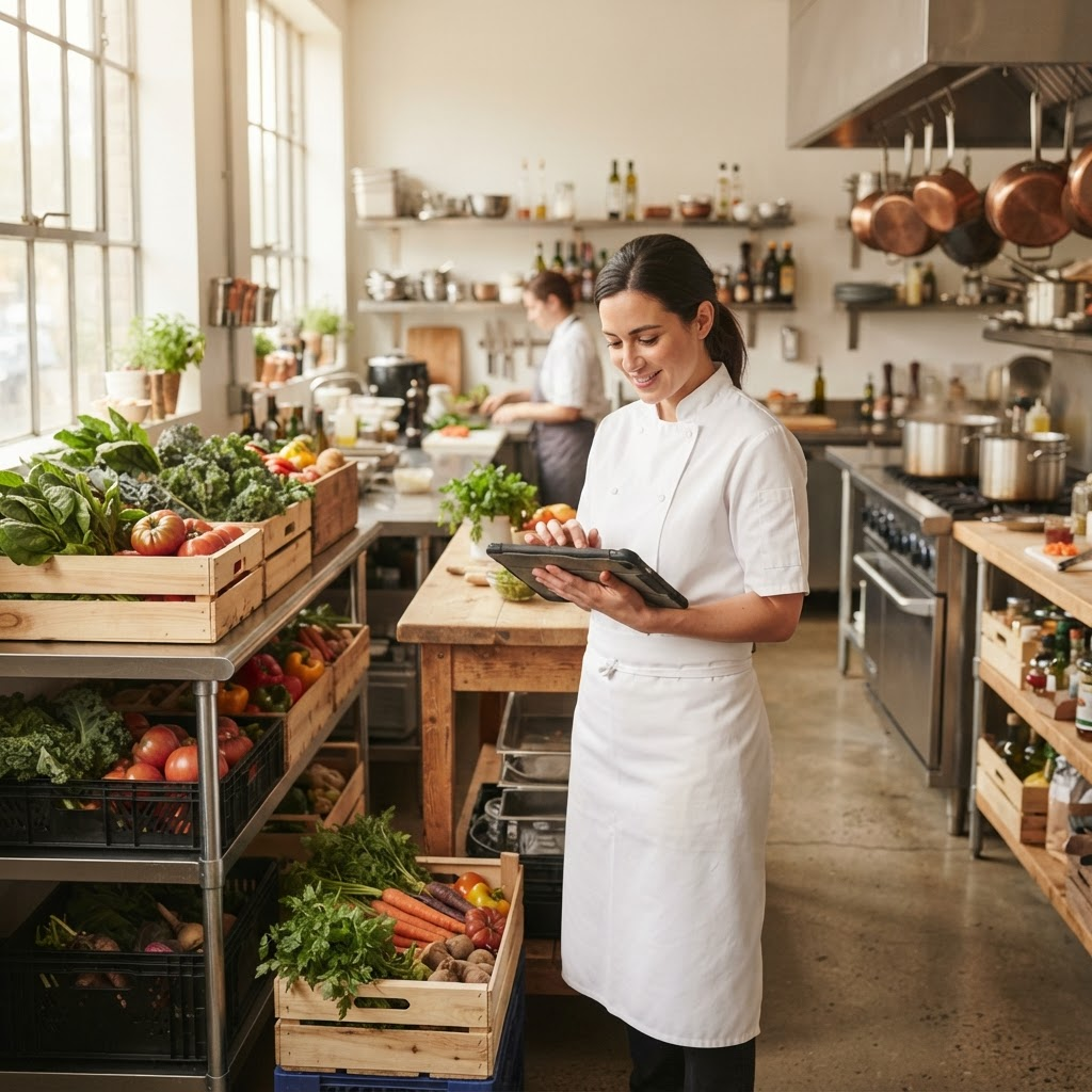 Chef che controlla le consegne dei fornitori su un tablet in cucina